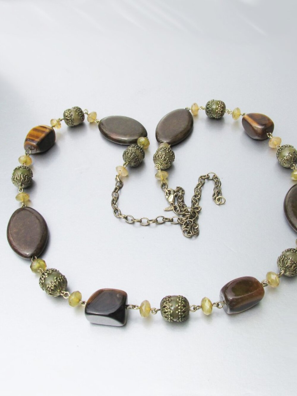 Vintage AVON Long Green Necklace with Tiger's Eye Accents, Beads Adjustable